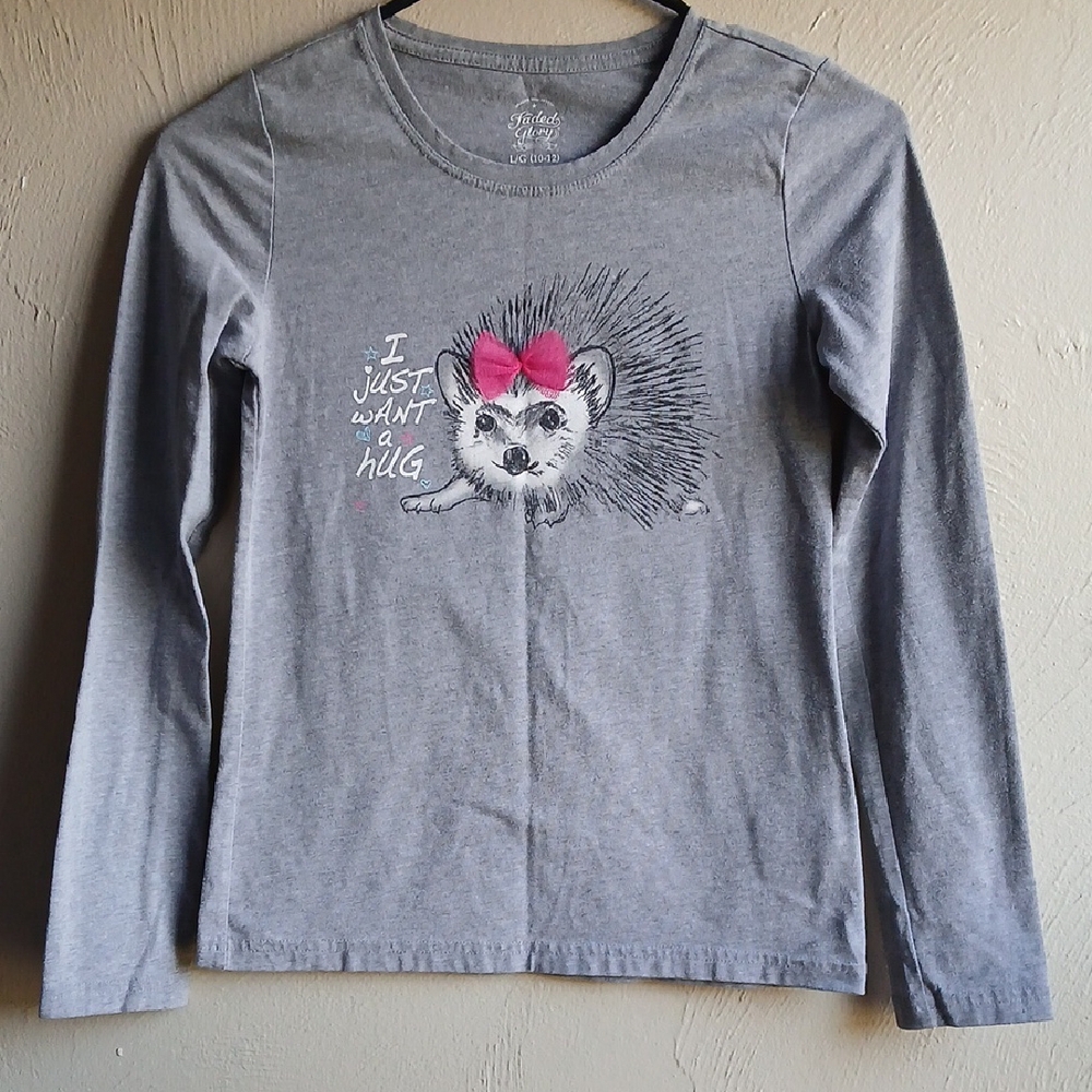 Faded Glory Gray and Pink Long Sleeve Tee with Skull Design Sz 10-12